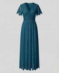 Damen Spitzen Maxikleid Empire Türkis