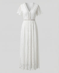 Damen Spitzen Maxikleid Empire Weiß