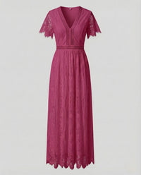 Damen Spitzen Maxikleid Empire Weinrot