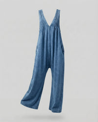 Damen Palazzo Jumpsuit ärmellos mit V-Ausschnitt & Bindegürtel Blau