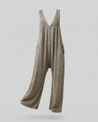 Damen Palazzo Jumpsuit ärmellos mit V-Ausschnitt & Bindegürtel Camel