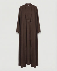 Damen Maxi Abaya mit Perlenfransen & Bindegürtel Elegantes Kleid Braun