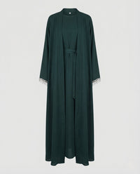 Damen Maxi Abaya mit Perlenfransen & Bindegürtel Elegantes Kleid Grün