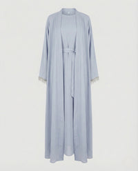 Damen Maxi Abaya mit Perlenfransen & Bindegürtel Elegantes Kleid Grau