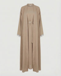 Damen Maxi Abaya mit Perlenfransen & Bindegürtel Elegantes Kleid Khaki