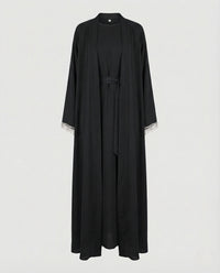 Damen Maxi Abaya mit Perlenfransen & Bindegürtel Elegantes Kleid Schwarz