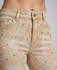Damen Bootcut Jeans Schmal Geschnitten mit Strassbesatz und Offenem Saum