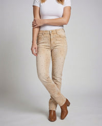 Damen Bootcut Jeans Schmal Geschnitten mit Strassbesatz und Offenem Saum Grau