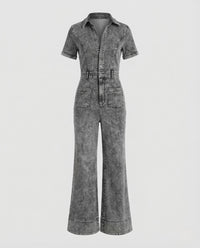 Damen Kurzarm Jeans Overall Tailliert mit Ausgestelltem Bein Grau