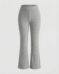 Damen Schlaghose Gerippt High Waist Strickhose Hellgrau
