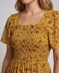 Damen Sommerkleid mit Smokoberteil Puffärmel Volantrock