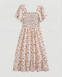 Damen Sommerkleid mit Smokoberteil Puffärmel Volantrock Beige S