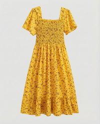 Damen Sommerkleid mit Smokoberteil Puffärmel Volantrock Gelb S