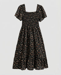Damen Sommerkleid mit Smokoberteil Puffärmel Volantrock Schwarz S