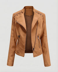 Damen Bikerjacke Lederimitat Schnürdetail Beige