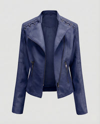 Damen Bikerjacke Lederimitat Schnürdetail Dunkelblau