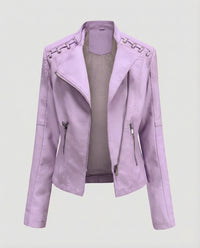 Damen Bikerjacke Lederimitat Schnürdetail Hellrosa