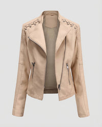 Damen Bikerjacke Lederimitat Schnürdetail Khaki