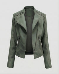 Damen Bikerjacke Lederimitat Schnürdetail Olivgrün