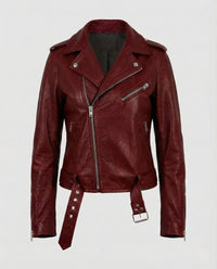 Damen Leder Bikerjacke Tailliert Bordeaux