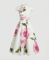 Damen Cocktailkleid Tailliert Tellerrock Rundhals Ärmellos Rosa