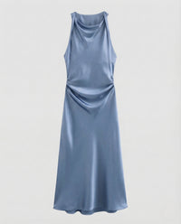 Damen Satin Maxikleid Wasserfall Ausschnitt Blau nan
