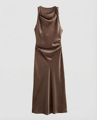 Damen Satin Maxikleid Wasserfall Ausschnitt Braun nan