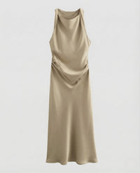 Damen Satin Maxikleid Wasserfall Ausschnitt Creme nan