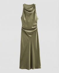 Damen Satin Maxikleid Wasserfall Ausschnitt Grün nan