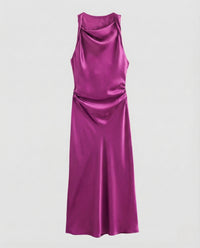 Damen Satin Maxikleid Wasserfall Ausschnitt Magenta nan