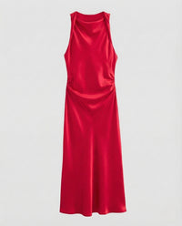 Damen Satin Maxikleid Wasserfall Ausschnitt Rot nan