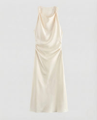 Damen Satin Maxikleid Wasserfall Ausschnitt Weiß nan