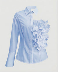 Damen Satinbluse Blütenapplikation Ballonärmel Blau