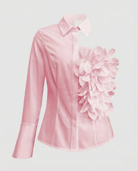 Damen Satinbluse Blütenapplikation Ballonärmel Rosa