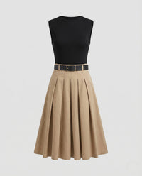 Damen Midikleid Faltenrock Taillengürtel Grau