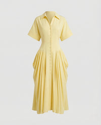 Damen Hemdblusenkleid Lang Faltenrock Gelb nan