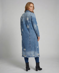Damen Jeansmantel Lang Fransen