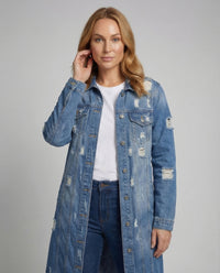 Damen Jeansmantel Lang Fransen