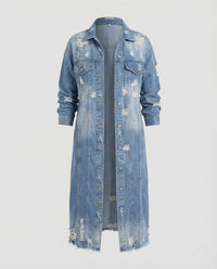 Damen Jeansmantel Lang Fransen Blau