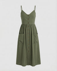 Damen Sommer Midikleid Spaghettiträger Olivgrün