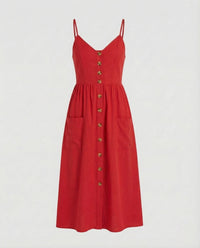 Damen Sommer Midikleid Spaghettiträger Rot