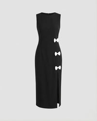 Damen Etuikleid Schlitz Schleife Schwarz