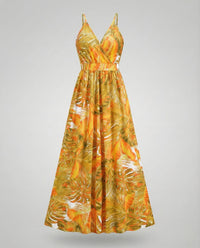 Damen Maxikleid Spaghettiträger Wickeloberteil Empire Gelb