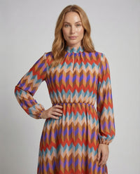 Damen Maxikleid Stehkragen Ballonärmel Gürtel