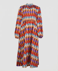 Damen Maxikleid Stehkragen Ballonärmel Gürtel Mehrfarbig