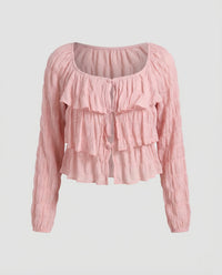 Damen Volantbluse Rüschen Eckiger Ausschnitt Rosa S