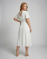 Damen Maxikleid Wickeloptik Smokbund Flügelärmel