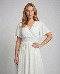 Damen Maxikleid Wickeloptik Smokbund Flügelärmel