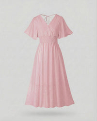 Damen Maxikleid Wickeloptik Smokbund Flügelärmel Rosa
