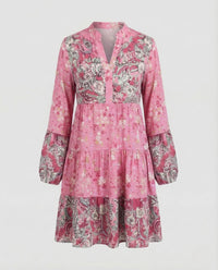 Damen Chiffon Stufenkleid Langarm Rosa
